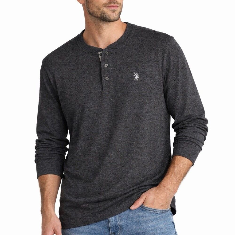 U.S. Polo Assn Mens XXL Gray Henley Thermal Shirt Long Sleeve Waffle Knit NEW